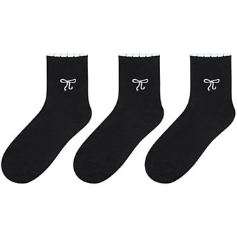 Women's 3-Pack Soft Knit Ankle Socks with Scalloped Trim and Embroidered Bow Detail
