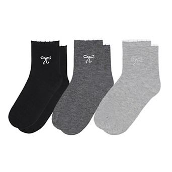 Women's 3-Pack Soft Knit Ankle Socks with Scalloped Trim and Embroidered Bow Detail
