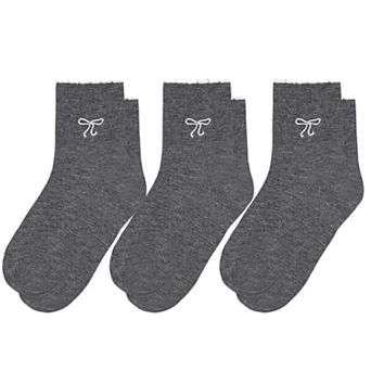 Women's 3-Pack Soft Knit Ankle Socks with Scalloped Trim and Embroidered Bow Detail