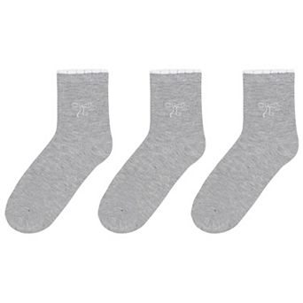 Women's 3-Pack Soft Knit Ankle Socks with Scalloped Trim and Embroidered Bow Detail