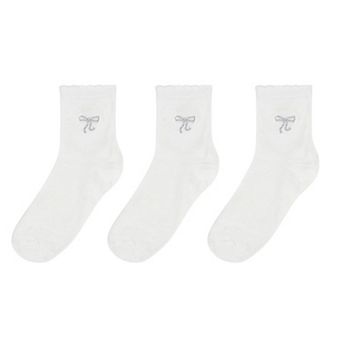 Women's 3-Pack Soft Knit Ankle Socks with Scalloped Trim and Embroidered Bow Detail