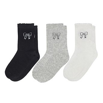 Women's 3-Pack Bow Embroidery Crew Socks with Scalloped Trim and Soft Knit Fabric