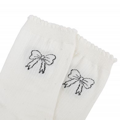 Women's 3-Pack Bow Embroidery Crew Socks with Scalloped Trim and Soft Knit Fabric