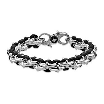 Men's LYNX Stainless Steel & Black Leather Bracelet