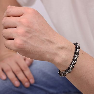 Men's LYNX Stainless Steel & Black Leather Bracelet