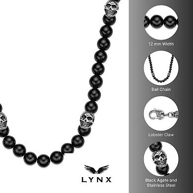 Men's LYNX Stainless Steel Skull Agate Bead Necklace
