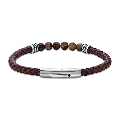 Men's LYNX Stainless Steel Stone Bead Leather Bracelet