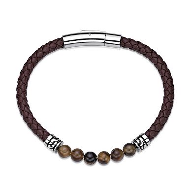 Men's LYNX Stainless Steel Stone Bead Leather Bracelet