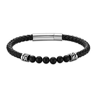 Men's LYNX Stainless Steel Stone Bead Leather Bracelet