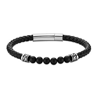 Men's LYNX Stainless Steel Stone Bead Leather Bracelet