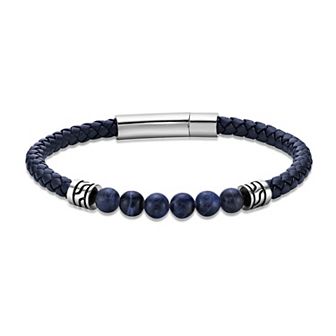 Men's LYNX Stainless Steel Stone Bead Leather Bracelet