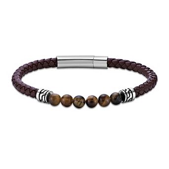Men's LYNX Stainless Steel Stone Bead Leather Bracelet