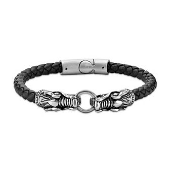 Men's LYNX Stainless Steel Dragon Head Black Leather Bracelet