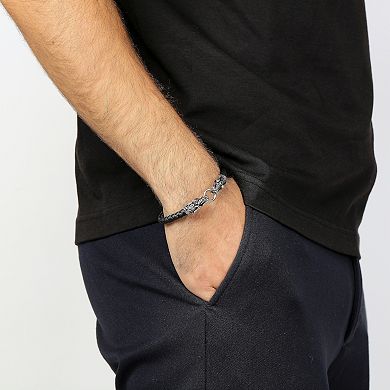 Men's LYNX Stainless Steel Dragon Head Black Leather Bracelet