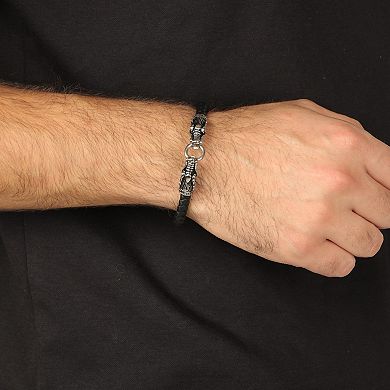 Men's LYNX Stainless Steel Dragon Head Black Leather Bracelet