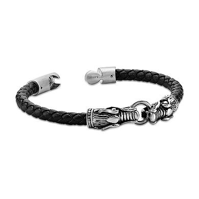Men's LYNX Stainless Steel Dragon Head Black Leather Bracelet