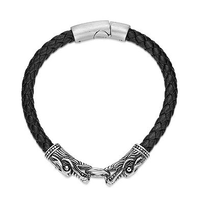 Men's LYNX Stainless Steel Dragon Head Black Leather Bracelet