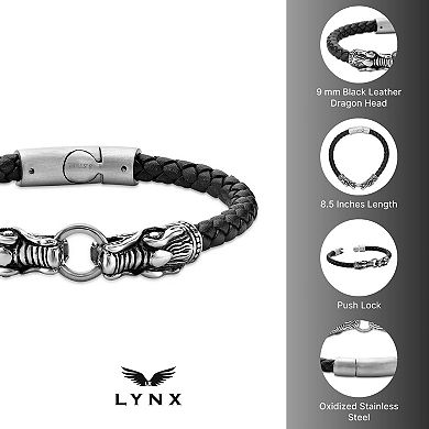 Men's LYNX Stainless Steel Dragon Head Black Leather Bracelet