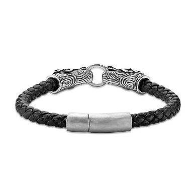 Men's LYNX Stainless Steel Dragon Head Black Leather Bracelet