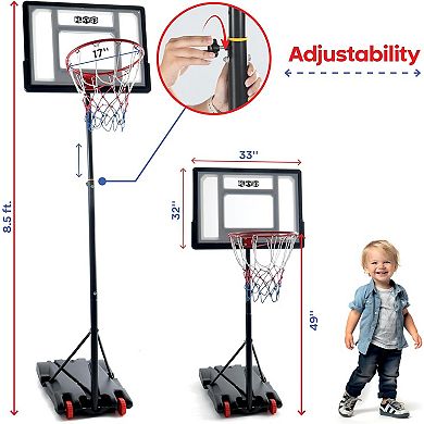 Kids Basketball Hoop - 33" Backboard, 70-84" Adjustable Height, Portable for Outdoor/Indoor Use