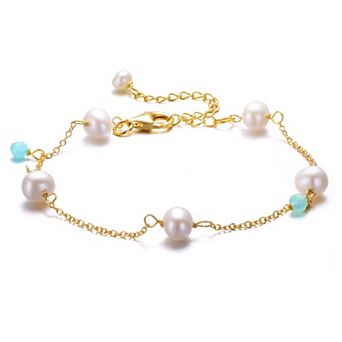 14k Gold Over Silver Dainty Freshwater Cultured Pearl Charm Bracelet