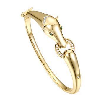 14k Gold Over Silver Emerald & Cubic Zirconia Wild Cat Door Knocker Bangle Bracelet