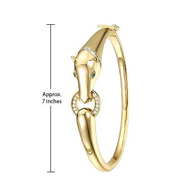 14k Gold Over Silver Emerald & Cubic Zirconia Wild Cat Door Knocker Bangle Bracelet