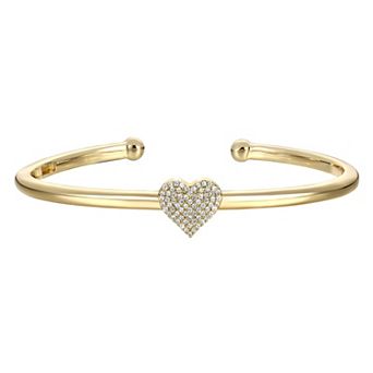 14k Gold Over Silver Cubic Zirconia Heart Pavé Open Cuff Bangle Bracelet