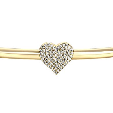 14k Gold Over Silver Cubic Zirconia Heart Pavé Open Cuff Bangle Bracelet