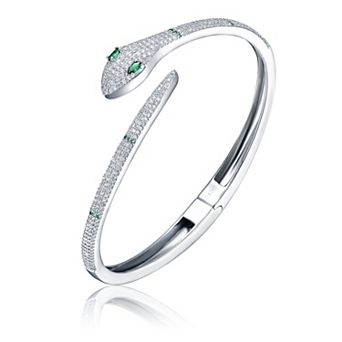 Sterling Silver Emerald & Cubic Zirconia Snake Bypass Coil Wrap Bangle Bracelet