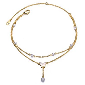 14k Gold Over Silver Double Layer Cultured Freshwater Pearl & Butterfly Anklet