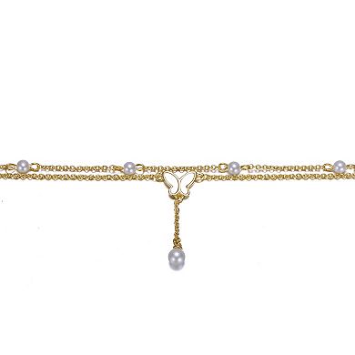 14k Gold Over Silver Double Layer Cultured Freshwater Pearl & Butterfly Anklet