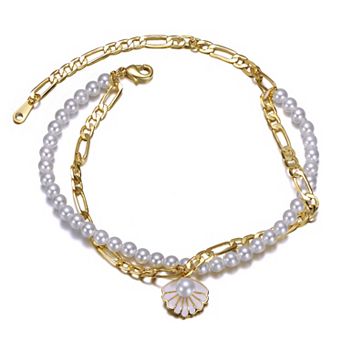 14k Gold Over Silver Double Layer Cultured Freshwater Pearl & Shell Charm Anklet