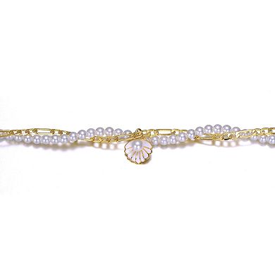 14k Gold Over Silver Double Layer Cultured Freshwater Pearl & Shell Charm Anklet