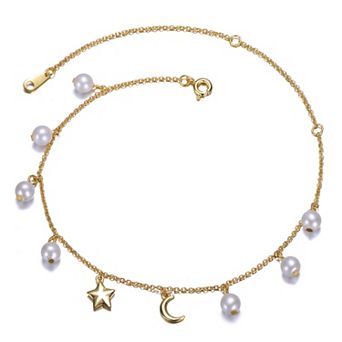 14k Gold Over Silver Anklet with White Cultured Freshwater Pearls & Charms