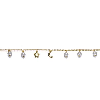 14k Gold Over Silver Anklet with White Cultured Freshwater Pearls & Charms