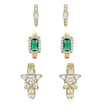 14k Gold Plated with Emerald & Cubic Zirconia Halo Star 3 pc Hoop Earrings Set