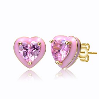 14k Yellow Gold Plated with Pink Cubic Zirconia and Pink Enamel Halo Heart Stud Earrings