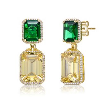 14K Gold Plated Drop Earrings with Emerald Cubic Zirconia