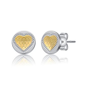 Sterling Silver Two Tone Milgrain Heart Round Stud Earrings