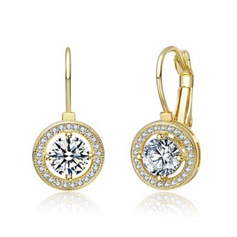 14k Gold over Sterling Silver Round Cubic Zirconia Leverback Earrings