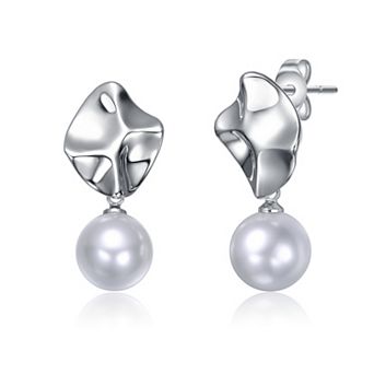 Sterling Silver Round Freshwater Cultured Pearl Modern Abstract Drop Earrings