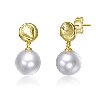 14k Gold over Sterling Silver Freshwater Cultured Pearl Textured Accent Drop Earrings