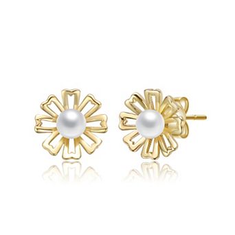 Kids 14k Gold over Sterling Silver Freshwater Cultured Pearl Flower Stud Earrings
