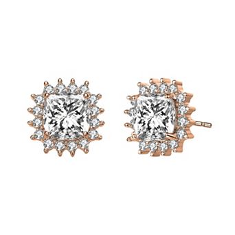 Sterling Silver Classy Halo Square Cubic Zirconia Stud Earrings