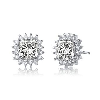 Sterling Silver Classy Halo Square Cubic Zirconia Stud Earrings