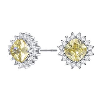 Sterling Silver Classy Halo Square Cubic Zirconia Stud Earrings