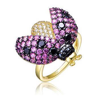 Gold Tone Sterling Silver Pink & Black Cubic Zirconia Ladybug Ring