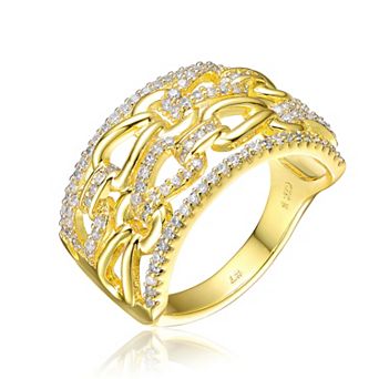 Gold Tone Sterling Silver Cubic Zirconia Chain Link Cocktail Ring