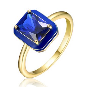14k Gold Over Silver with Blue Cubic Zirconia & Blue Enamel Halo Ring
